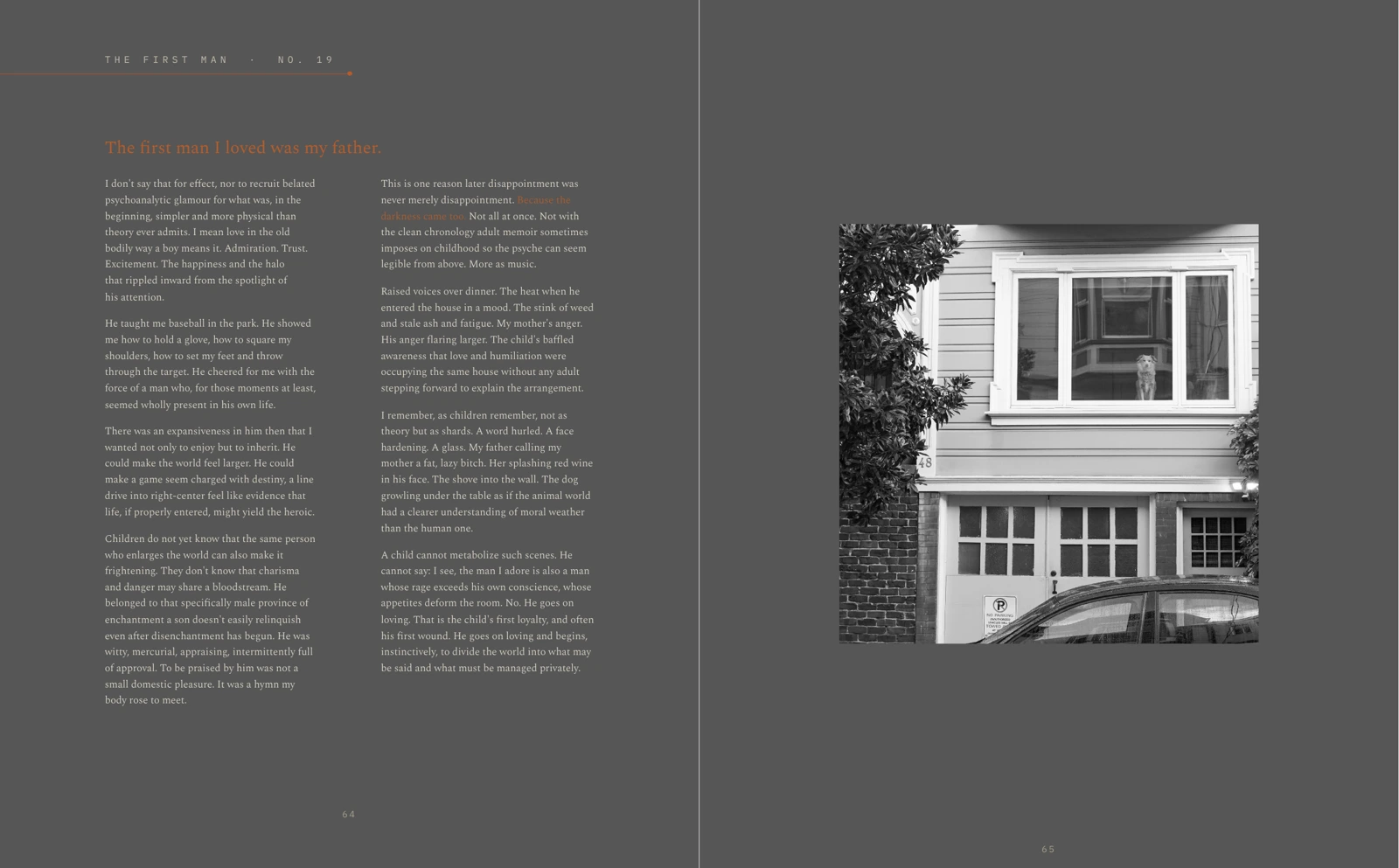 The First Man opening spread, with the poem on the left and Dan Kutler’s photograph of a dog in a window on the right